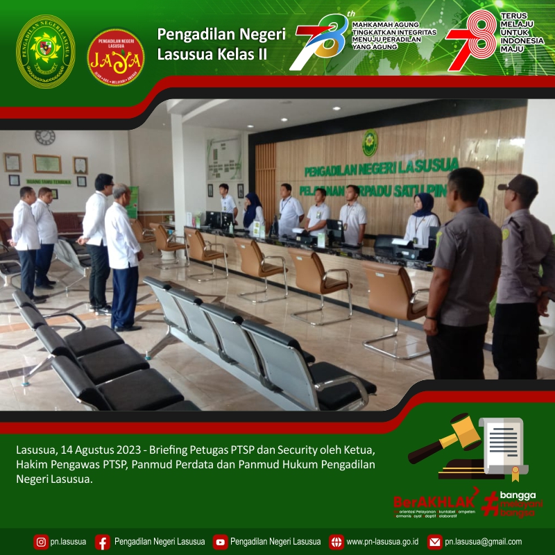 Briefing Petugas PTSP dan Security oleh Ketua, Hakim Pengawas PTSP, Panmud Perdata dan Panmud Hukum Pengadilan Negeri Lasusua